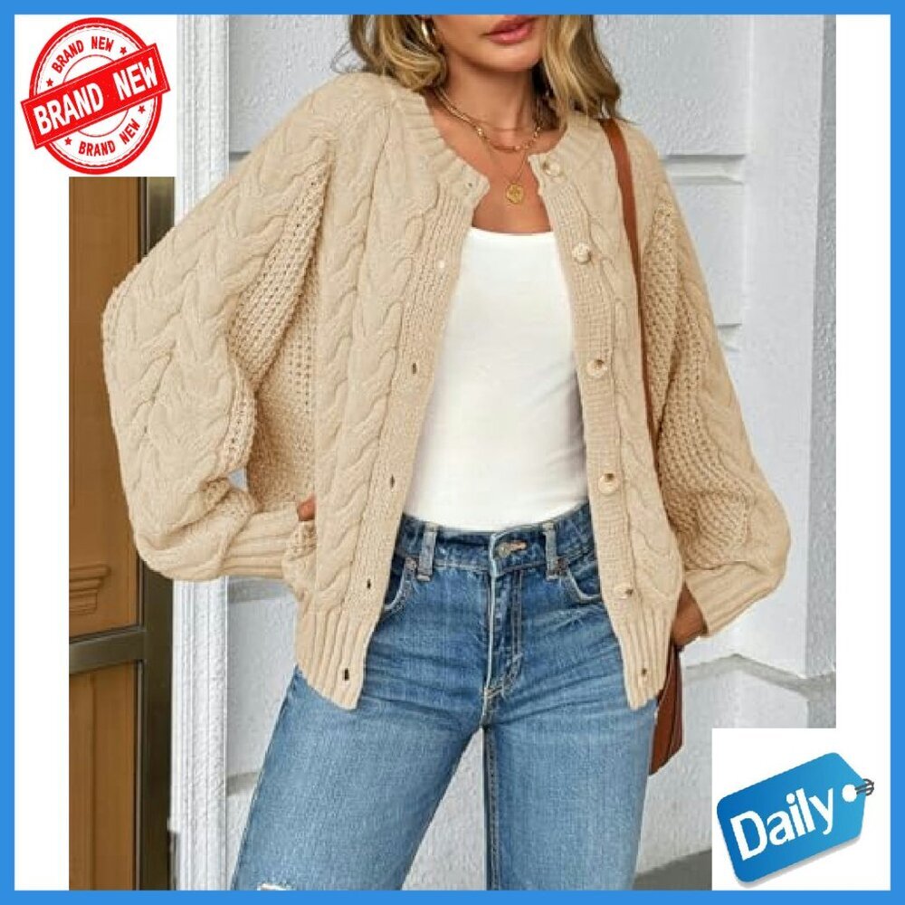 Cable Knit Cardigan Sweater Loose Fit Button Up Crew Neck Long Sleeve - Picture 3 of 8